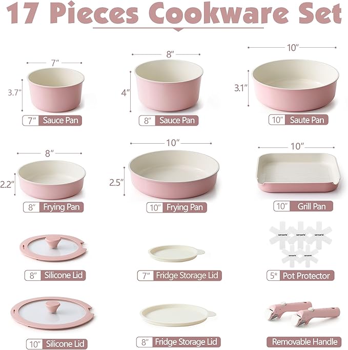 SENSARTE 17 Piece Ceramic Pots and Pans Set, Nonstick Detachable Handle Cookware, Induction Kitchen Cookware Set with Removable Handle, Dishwasher ＆ Oven Safe (Pink) - Image 2