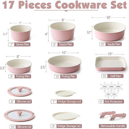 SENSARTE 17 Piece Ceramic Pots and Pans Set, Nonstick Detachable Handle Cookware, Induction Kitchen Cookware Set with Removable Handle, Dishwasher ＆ Oven Safe (Pink) - Image 2