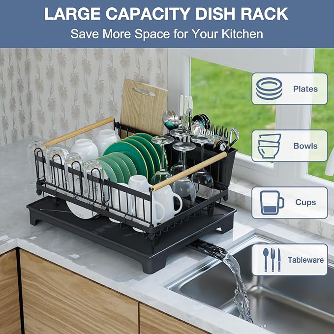 Dish Rack with Drainboard Large Capacity Anti-Rust Kitchen Counter Organizer with Cup, Utensil & Cutting Board Holders, Heavy Duty Dish Drying Rack for Dishes, Spoons and Forks