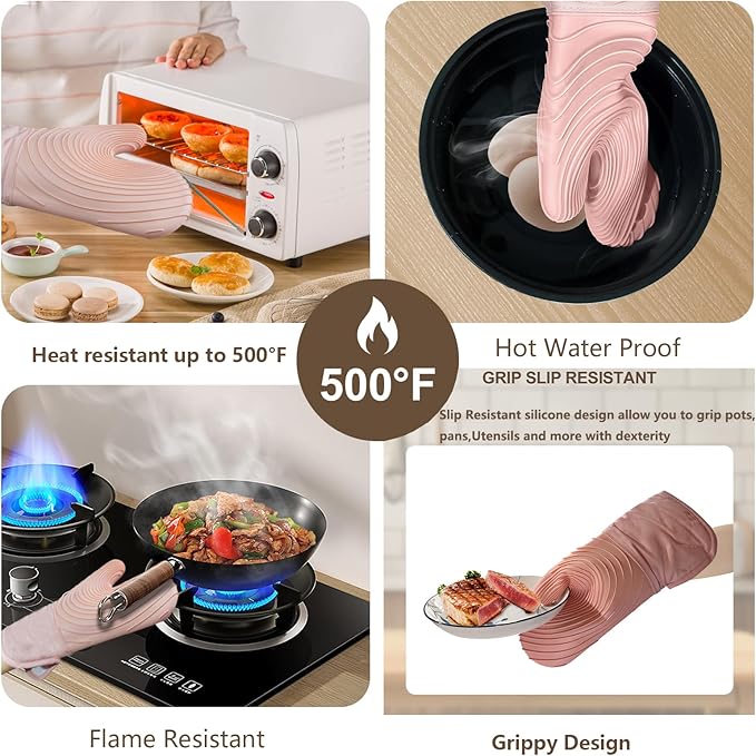 Silicone Oven Mitts-13.6 in Extended Oven Mitts Heat Resistant 500F, Oven Gloves with Soft Liner Good Grippy BPA-Free Easy to Clean Flexible-Oven Mits Set for Cooking Baking Grilling BBQ - Image 4