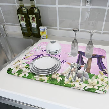 Giwawa Easter Purple Dish Drying Mat, He is Risen Cross Lamb Floral Dish Drainer Mats, Spring Lily Flowers Reversible Dish Drying Rack Pad Protector for Kitchen Countertop Decor, 18"x24"