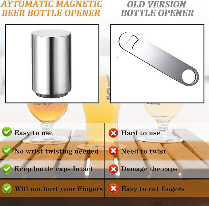 Premium Automatic Beer Bottle Opener (Stainless Steel), No Damage to Caps, Portable Push Down and Pop Off Magnetic Cap Catcher, QUICK Fun Bartender Openning Tool for Corkscrew Lid Home Bars Kitchen - Image 3