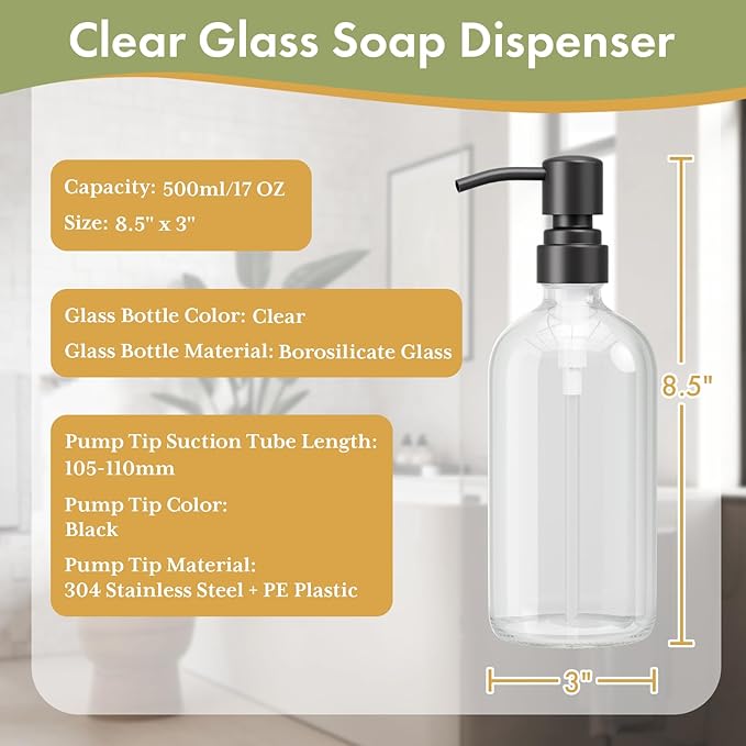 AmazerBath Soap Dispenser, 2 Pack Glass Soap Dispenser with Stainless Steel Pump, 17 Oz Bathroom Hand Soap Dispensers Bottle for Bathroom & Kitchen, Clear & Black - Image 4
