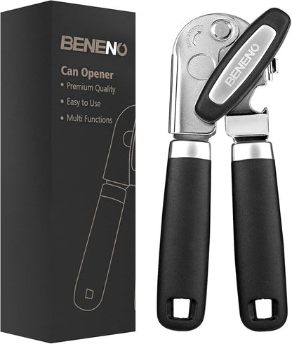 Beneno Heavy Duty Hand Can Opener Manual with Magnet, Durable Sharp Carbon Steel Blade Smooth Cutting, Big Effort-Saving Knob & Soft Grip Handle, Multifunctional Kitchen Tool with Bottle Opener, Black by Beneno