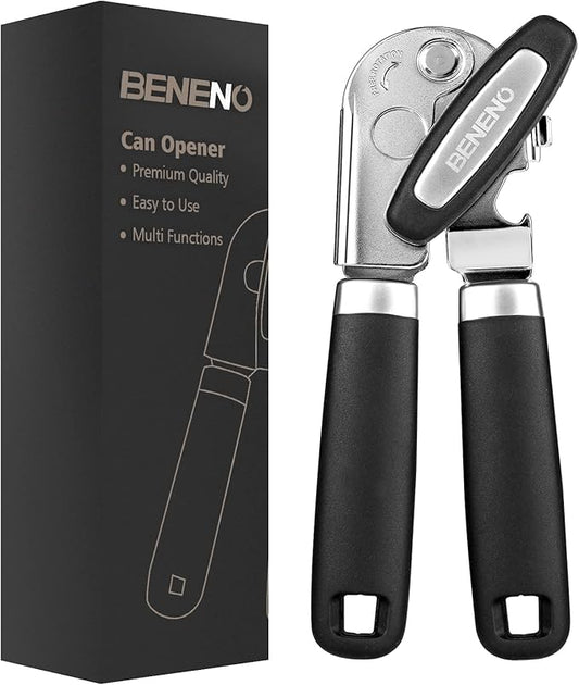 Beneno Heavy Duty Hand Can Opener Manual with Magnet, Durable Sharp Carbon Steel Blade Smooth Cutting, Big Effort-Saving Knob & Soft Grip Handle, Multifunctional Kitchen Tool with Bottle Opener, Black by Beneno