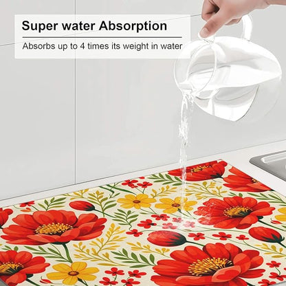 Watercolor Flower Dish Drying Mat For Kitchen Counter Absorbent Large Kitchen Fast Dry Pad Reusable Washable Protector Rack Large Mat 18 X 24