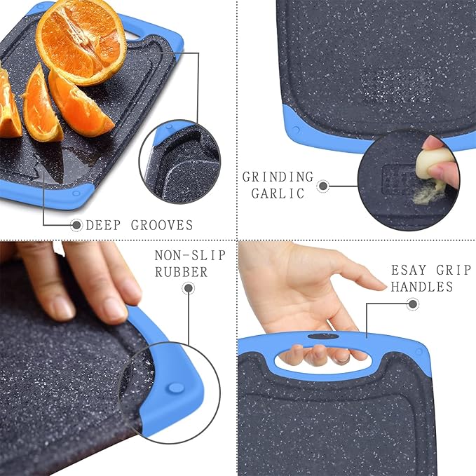 Viretang Non Slip Cutting Board, 3 Pieces Dishwasher Safe Cutting Boards with Juice Grooves, Easy Grip Handle, Non-Slip, with Grinding Area for Grinding Garlic and Ginger（blue） - Image 4