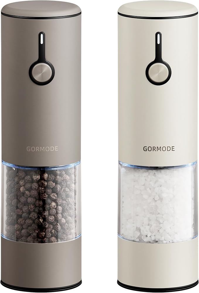 Stainless Steel Rechargeable Electric Salt and Pepper Grinder Set – USB Charging, One-Hand Electric Mill, Adjustable Coarseness, LED Light & Dust Cover –2pack(Greige & Buttercream) by GORMODEOfficial