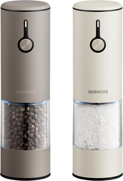 Stainless Steel Rechargeable Electric Salt and Pepper Grinder Set – USB Charging, One-Hand Electric Mill, Adjustable Coarseness, LED Light & Dust Cover –2pack(Greige & Buttercream) by GORMODEOfficial