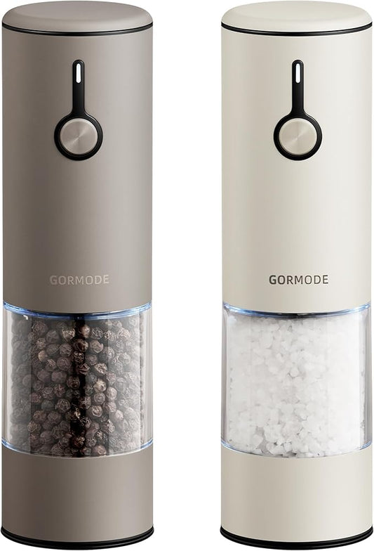 Stainless Steel Rechargeable Electric Salt and Pepper Grinder Set – USB Charging, One-Hand Electric Mill, Adjustable Coarseness, LED Light & Dust Cover –2pack(Greige & Buttercream) by GORMODEOfficial