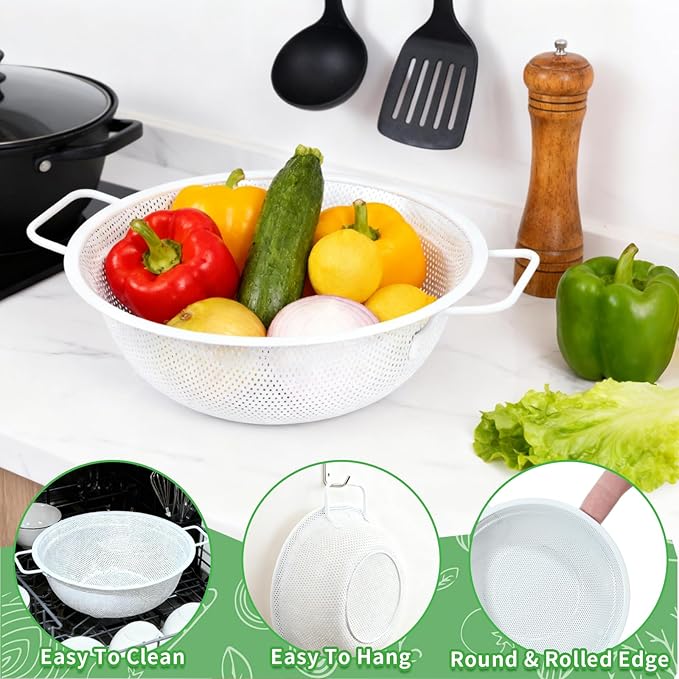 Colander Set with White Coating, Stainless Steel Micro-Perforated Colanders Strainers for Draining Rinsing Washing, Ideal for Vegetables Fruits, Heavy Duty & Dishwasher Safe - Image 5
