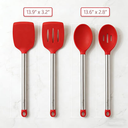 Vayvnt 4 PCS Silicone Kitchen Utensils, Large Cooking Utensils Set for Nonstick Cookware, Silicone Spatula Set Includes Spoons and Turners, Kitchen Essentials for Cooking, Dishwasher Safe, Red