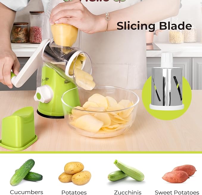 X Home Rotary Cheese Grater for Kitchen, Shredder with 3 Interchangeable Blades, Rotary Grater with Handle and Strong Suction Base, for Vegetables, Fruit, Nuts, Easy to Use and Clean, Green - Image 3