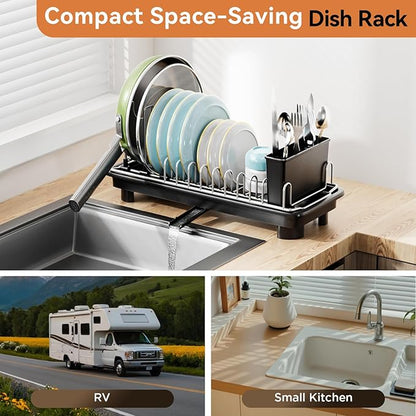 Laveshop Small Dish Drying Rack, Compact Dish Drainer for Kitchen Counter, with Adjustable Back Slots, Space-Saving for Small Kitchens, Black - Image 3