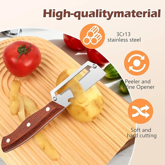 Roselli Wooden-Handled Stainless Steel Shredder and Peeler, Multifunctional Vegetable Peelers for Kitchen, Stainless Steel Peeler Knife with Wooden Handle & Bottle Opener (Shredder*1)