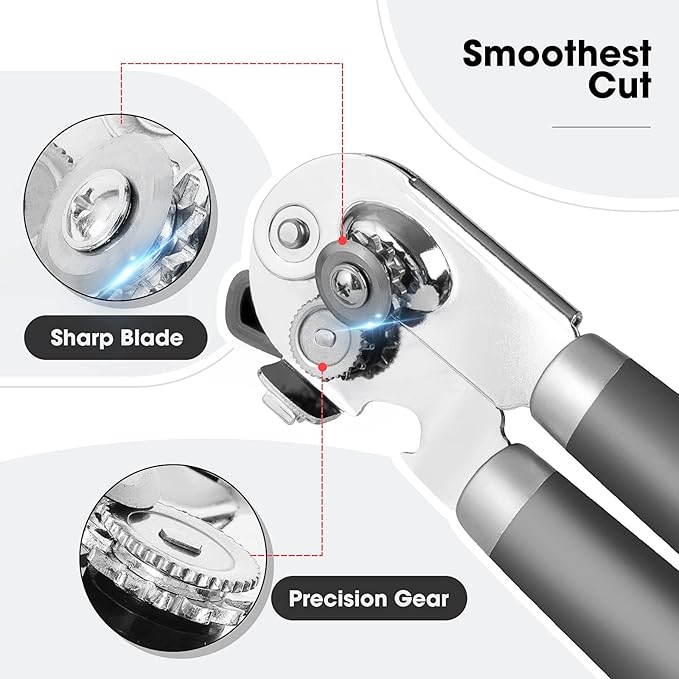 Beneno Heavy Duty Hand Can Opener Manual with Magnet, Durable Sharp Carbon Steel Blade Smooth Cutting, Big Effort-Saving Knob & Soft Grip Handle, Multifunctional Kitchen Tool with Bottle Opener, Gray - Image 3