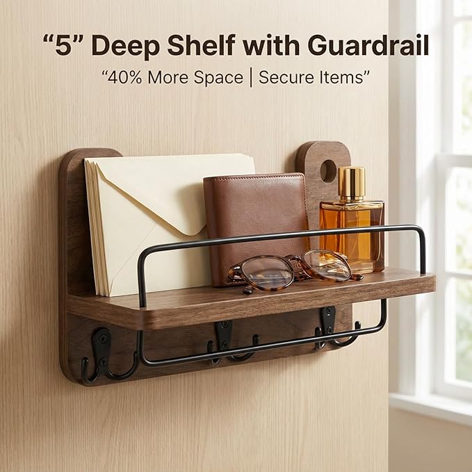REFGY Key Holder for Wall with Shelf - 5.1" Deep Large Mail Organizer Wall Mount with 3 Heavy-Duty Dual Hooks & Safety Guardrail - Rustic Wood Wall Shelf for Entryway, Kitchen, Office