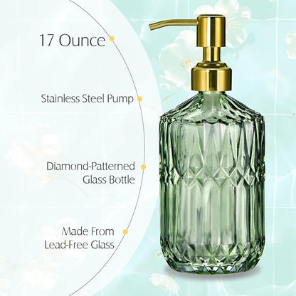COHOSEGE 17 Oz Green Glass Kitchen Soap Dispenser for Dish Soap, 2 Pack Bathroom Soap Dispenser Set with Gold Rust Proof Pump for Lotion, Hand soap or Body Wash - Image 2