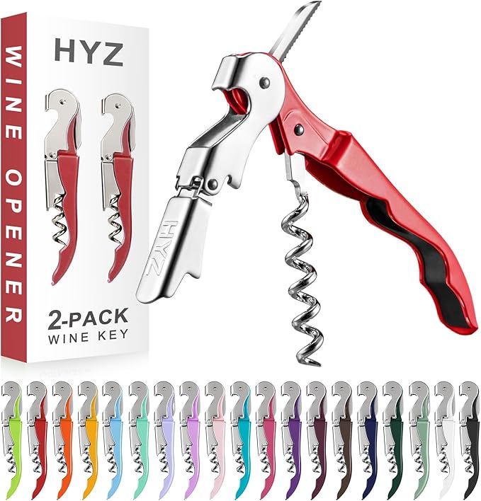 HYZ 2-Pack Wine Opener Waiter Corkscrew, Professional Wine Key for Servers, Bartender with Foil Cutter, Manual Wine Bottle Opener Double Hinged (Red) by HYZ