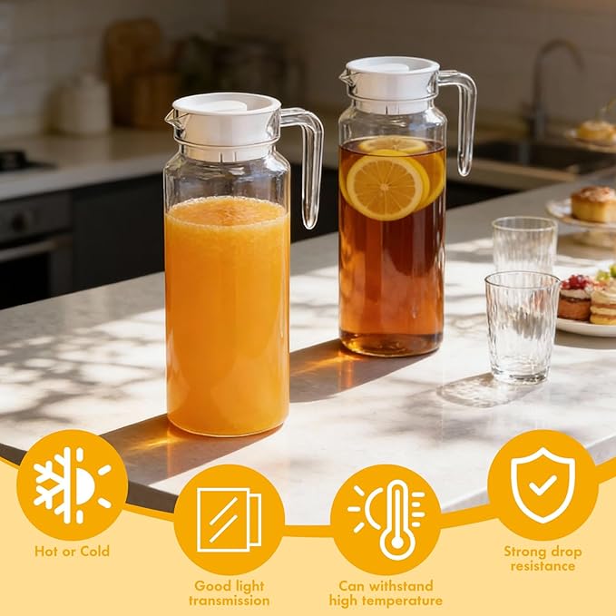 Didaey 4 Pcs Acrylic Water Pitcher with Lid, Spout Handle Clear Plastic Pitcher Heat Resistant Carafe Unbreakable Beverage Container Fridge Jug for Juice Ice Tea Sangria Lemonade(37 oz,Round)