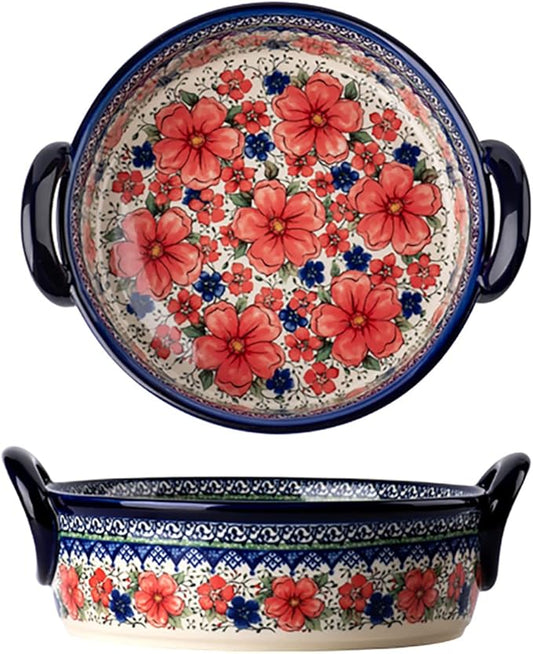 Vintage Style Cherry Blossom Flowers Pottery Bakeware Ceramic Casserole Dish Baking Pan Lasagna Pans Baking Dish with Handles for Oven to Table-1 PCS, 32 oz by Bicuzat