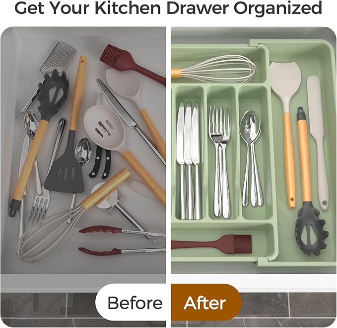 ukeetap Extra Large Expandable Silverware Organizer, BPA-Free Food-Safe Cutlery Flatware Organizer, Kitchen Utensil Drawer Organizer, Adjustable Silverware Holder for Spoons Forks Knives, Green - Image 6