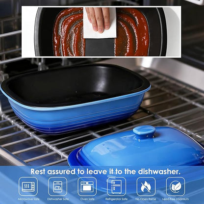 Ceramic Casserole Dish with Lid – 9x13 Stoneware Baking Dish with Lid for Oven, 2.57 Qt Large Deep Casserole Dishes for Oven, Non-Stick Glazed Covered Deep Casserole Dish Lasagna Pan, Dishwasher Safe, Gift for Home Chef (Blue)
