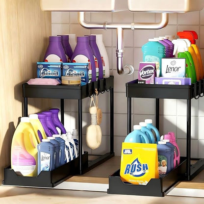 Under Sink Organizers 2 Pack, Pull-Out Sliding Cabinet Organizer with 2-Tier Storage Shelf & 4 Hooks, Multi-Purpose for Kitchen & Bathroom (13 Inch, Black) by Unknown