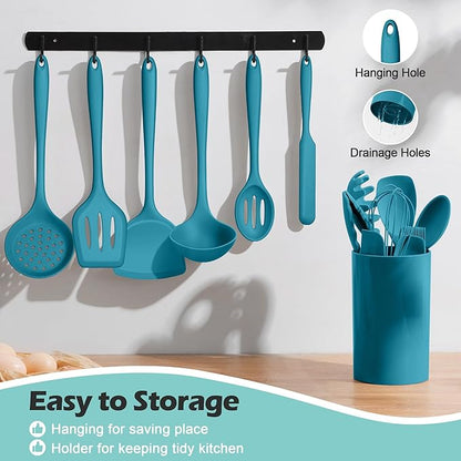 Homikit Silicone Cooking Utensils Set, 15-Piece Nonstick and Heat Resistant Kitchen Utensil Spatula Set with Holder, Kitchen Gadgets Home Essentials & Pots and Pans Accessories, Blue - Image 5