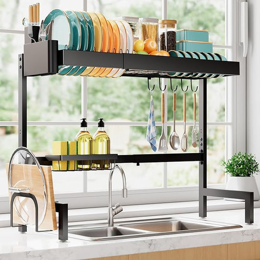 Sakugi Over The Sink Dish Drying Rack, Expandable 2-Tier Stainless Steel Kitchen Storage Organization Accessories for Countertop, Rustproof & Space-Saving, 30"–34.5" L x 12" W x 25" H, Black by Sakugi