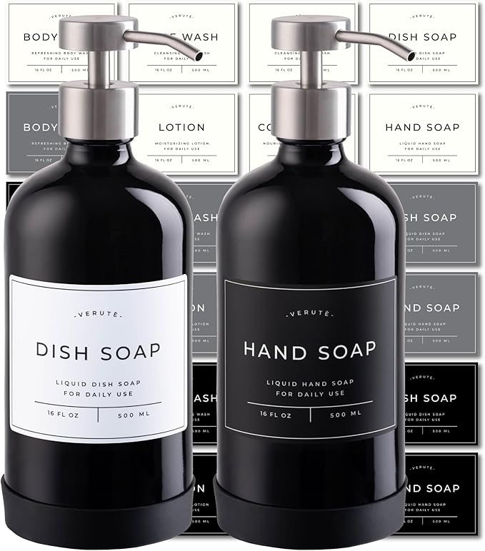 Hand and Dish Soap Dispenser for Kitchen and Bathroom, Set of 2 16 Oz Glass Bottles, Stainless Steel Pumps, Non-Slip Silicone Base, 27 Waterproof Labels (Gloss Black Bottle/Brushed Silver Pump) by Verute