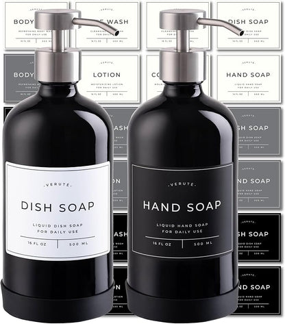 Hand and Dish Soap Dispenser for Kitchen and Bathroom, Set of 2 16 Oz Glass Bottles, Stainless Steel Pumps, Non-Slip Silicone Base, 27 Waterproof Labels (Gloss Black Bottle/Brushed Silver Pump) by Verute