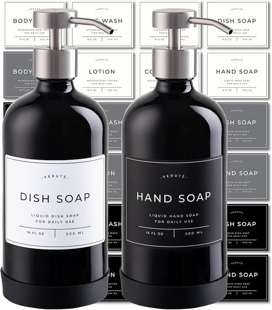 Hand and Dish Soap Dispenser for Kitchen and Bathroom, Set of 2 16 Oz Glass Bottles, Stainless Steel Pumps, Non-Slip Silicone Base, 27 Waterproof Labels (Gloss Black Bottle/Brushed Silver Pump) by Verute