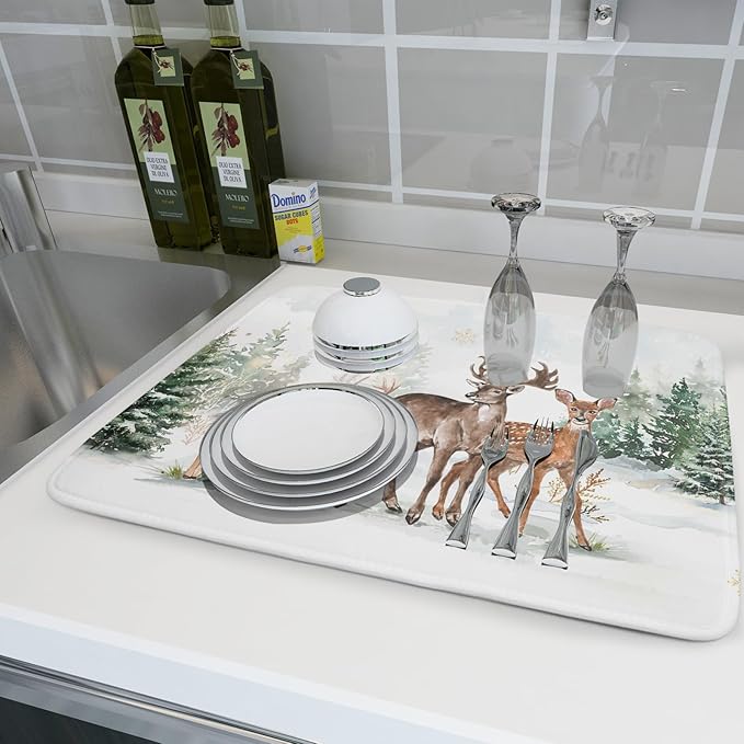 Winter Deer Dish Drying Mat for Kitchen Counter Xmas Trees Snowflake Festival Microfiber Absorbent Dish Draining Reusable Washable Foldable Extra Large 18"x24" - Image 6
