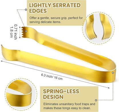 Gejoy 12 Pieces Small Serving Tongs 6.3" Mini Gold Ice Stainless Steel Appetizers Tongs for Tea Party Coffee Bar Kitchen