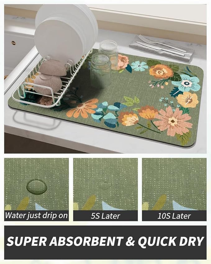 AMOAMI Coffee Mat Hide Stain Rubber Backed Absorbent Dish Drying Mat for Kitchen Counter - Fits Under Coffee Maker - Floral GREEN 12X19 - Image 2