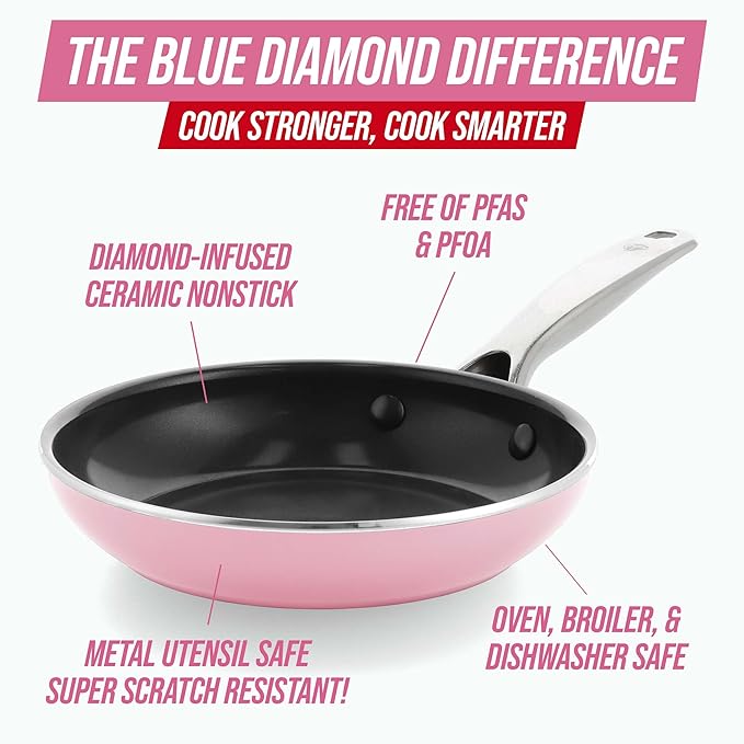 Blue Diamond 8" Nonstick Frying Pan Skillet, Ceramic Diamond Infused PFAS-Free, Dishwasher & Oven Safe, Stay Cool Handle, Durable Non Toxic Metal Utensil Safe, Egg & Omelet Pan, Pink - Image 3