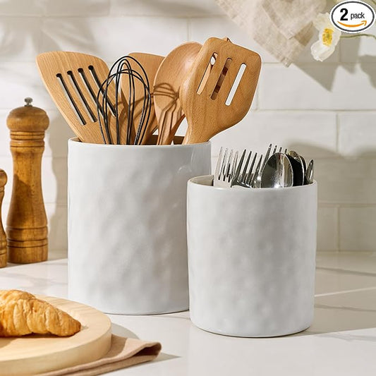 famiware Ocean Utensil Holder, 7.2"+5.8" Ceramic Kitchen Utensil Holder for Countertop, Cooking Utensil Crocks, Utensil Organizer for Spatula & Spoon, Kitchen Decor, Set of 2, Matte White by Famiware