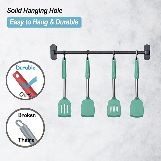 2 Pack Spatulas, Solid & Slotted Silicone Spatula Set, Stainless Steel Handle Coated with Silicone, Non Stick Turners, Heat Resistant Rubber Spatulas for Fish, Eggs, Pancakes, WOK, Teal - Image 6