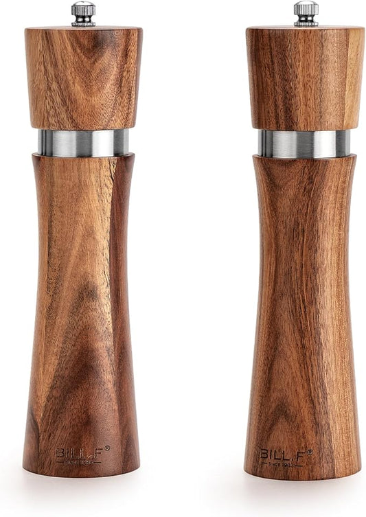 Pepper Grinder,Wood Salt and Pepper Grinder Mills Sets, Acacia Wood Manual Salt Grinder Refillable Pepper Mill Sets with Adjustable Ceramic Grinding Rotor - 8 Inch-Set of 2