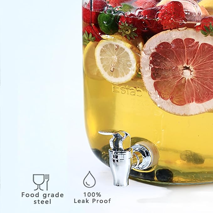 2 Gallon Drink Dispenser with 2 Press Type Spigot, Sun Tea Glass Mason Jar for Outside, Iced Lemonade Beverage Dispenser with Fruit Infuser, Large Water Juice Jug, Punch Dispenser for Parties