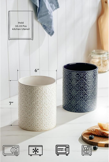 Kitchen Utensil Holder, 6x7 inch Large Ceramic Utensil Holder with Embossed Pattern, Cooking Utensil Crocks for Kitchen Countertop, Home Decor, Blue - Image 4