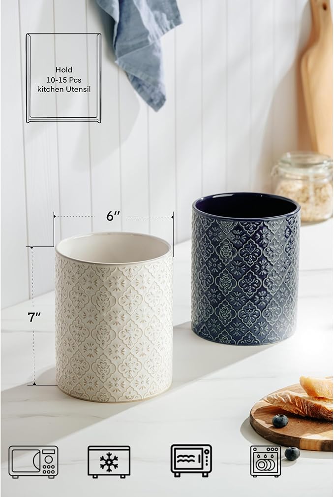 Kitchen Utensil Holder, 6x7 inch Large Ceramic Utensil Holder with Embossed Pattern, Cooking Utensil Crocks for Kitchen Countertop, Home Decor, Off-White - Image 5