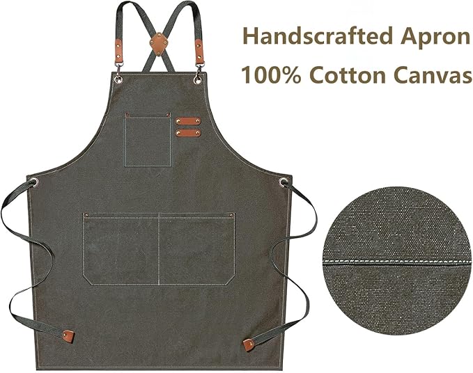 AFUN Chef Aprons for Men Women with Oversized Pockets, 16-Ounce Cotton Canvas Cross Back Heavy Duty Work Apron (Grey Green) - Image 5