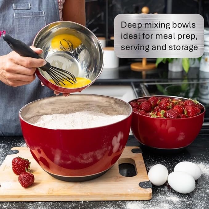 WHYSKO® Stainless Steel Mixing Bowls (Set of 3) with Non-Slip Silicone Base for Kitchen, Dishwasher Safe Bowls for Meal Prep, Cooking, Baking, Serving, Food Storage (Red) - Image 3