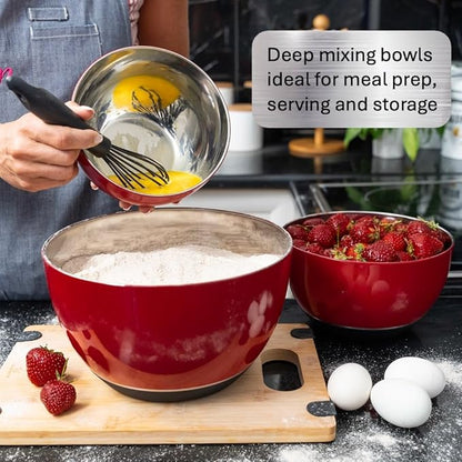 WHYSKO® Stainless Steel Mixing Bowls (Set of 3) with Non-Slip Silicone Base for Kitchen, Dishwasher Safe Bowls for Meal Prep, Cooking, Baking, Serving, Food Storage (Red) - Image 3