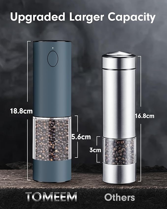TOMEEM Upgraded Larger Capacity Electric Salt and Pepper Grinder Set Rechargeable with LED lights, Stainless Steel Automatic Pepper and Salt Grinder Refillable with 5 Adjustable Coarseness Blue - Image 6