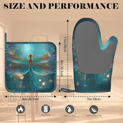 Fantasy Green Dragonfly Oven Mitt and Pot Holder with Silicone Heat Resistant Kitchen for Cooking BBQ Baking Grilling Cooking Protection