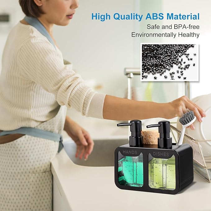 Kitchen Soap Dispenser Set, with Hand and Dish Soap, Sponge Caddy and Brush Holder 4-in-1 Kitchen Dual Soap Dispenser Set for Kitchen Sink, Bathroom - Black - Image 3