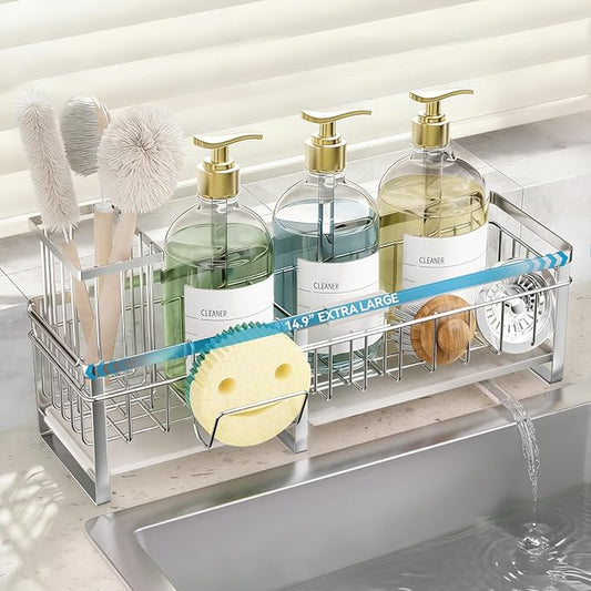 Aurblozen Extra Large Extendable Sponge Holder for Kitchen Sink, Rustproof Sink Caddy Organizer with High Brush Holder, Dish Soap Dispenser Organizers and Storage (Stainless Steel) by Aurblozen